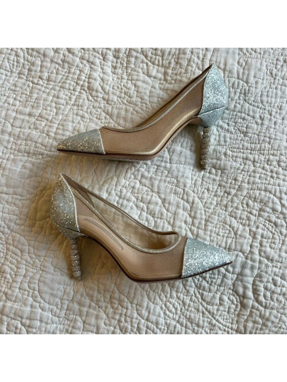 Sophia Webster Jasmine Satin Champagne Glitter Mesh Crystal Pumps Heels Size 36